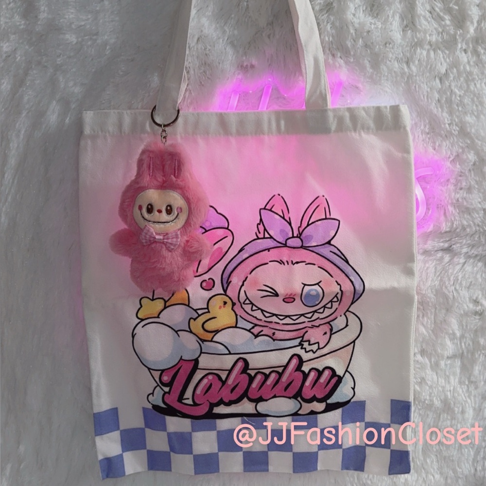 LABUBU White and Pink Tote Bag with plush keychain